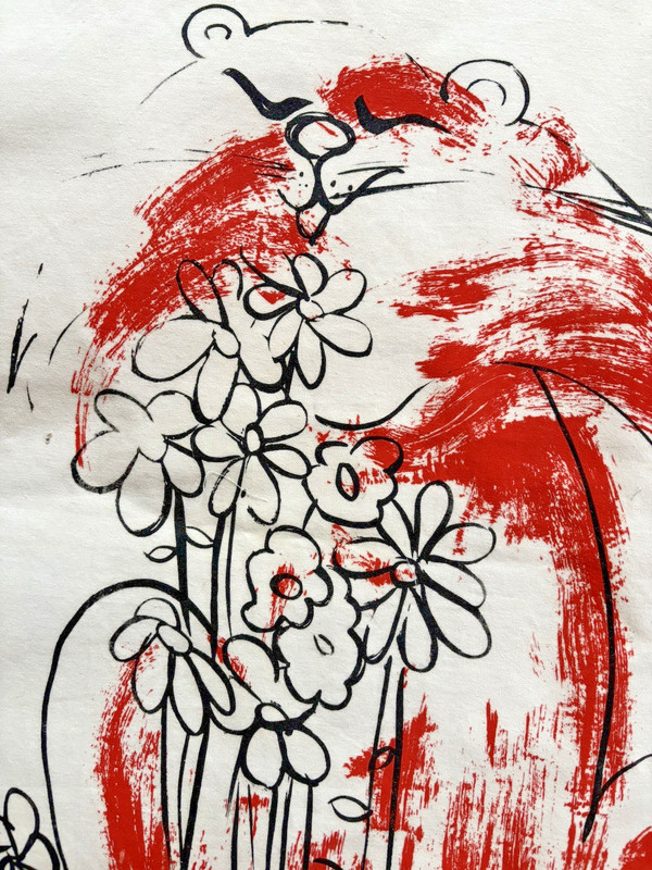 UNIQUE Art Panel Yo Yo Quilt 55” x 44” Red, Black, White gallery