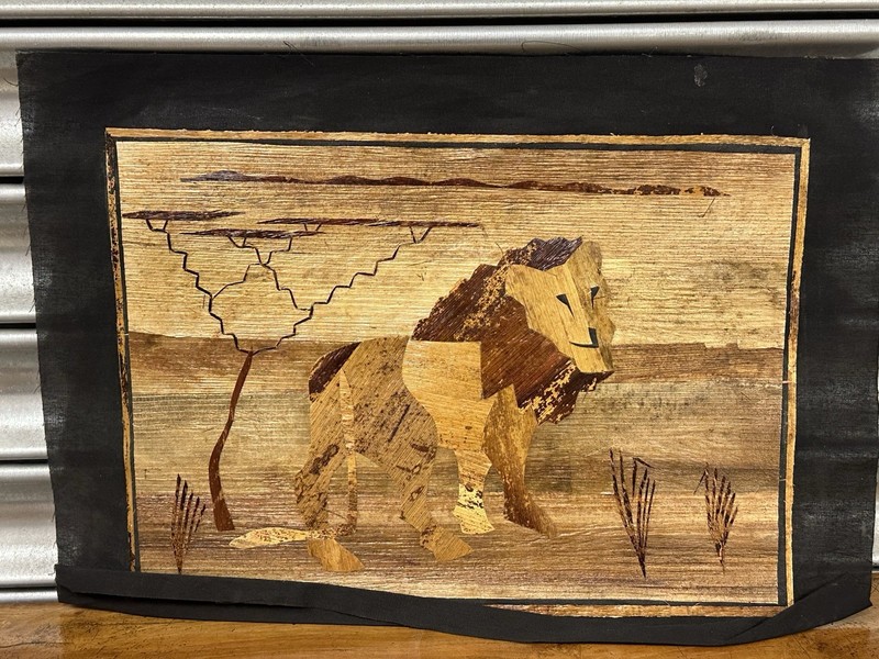 Set of 4 Vintage African Banana Leaf Marquetry Inlay Pictures, African Animals gallery