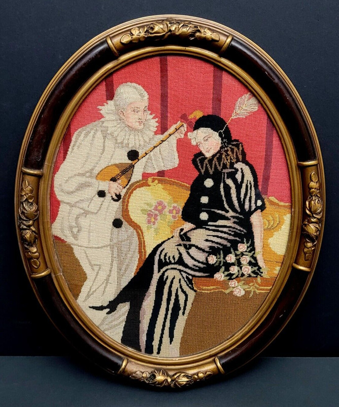 Art Deco Framed Pierrot Serenade Needlepoint Petit Point Picture Antique