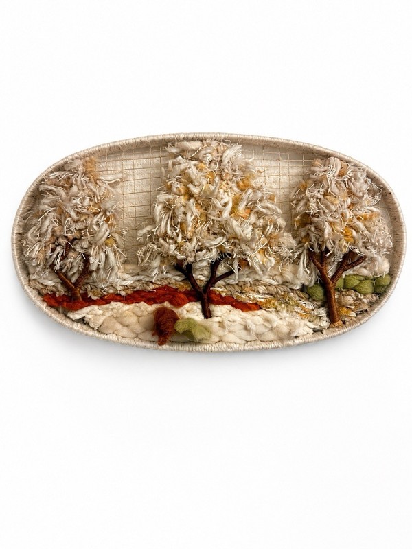 Vtg handmade Fiber art Wall Hanging yarn Tree Landscape oval Textile Bowl Cottag