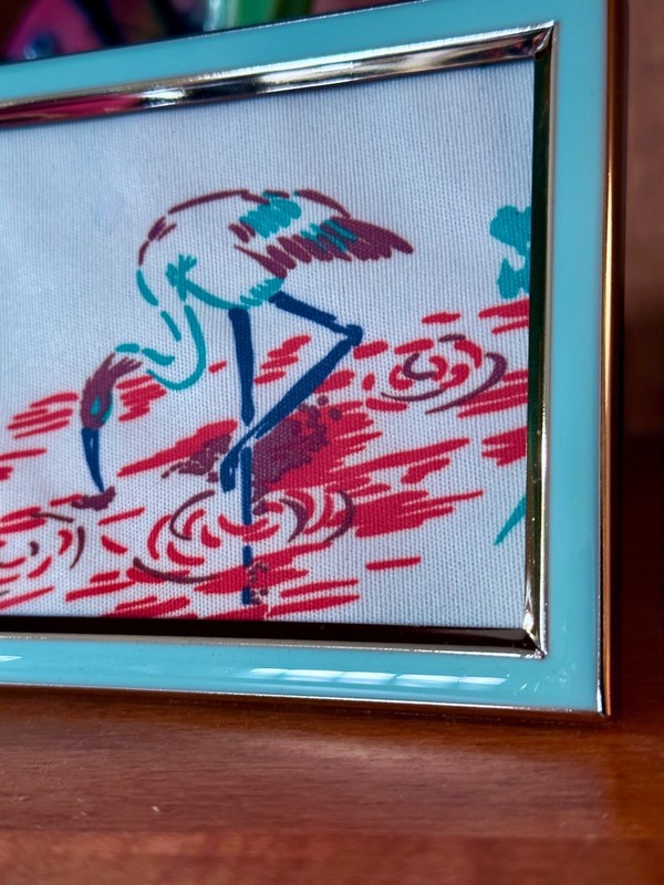 1950’s PAIR Mid Century FLAMINGOS Pink & Aqua Frame Vintage Barkcloth Fabric Art