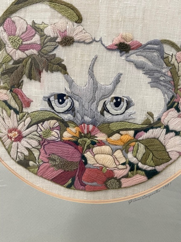 1981 Signed JoAnn Jo Ann Carpenter Framed Embroidery Textile Art Cat in Flowers gallery