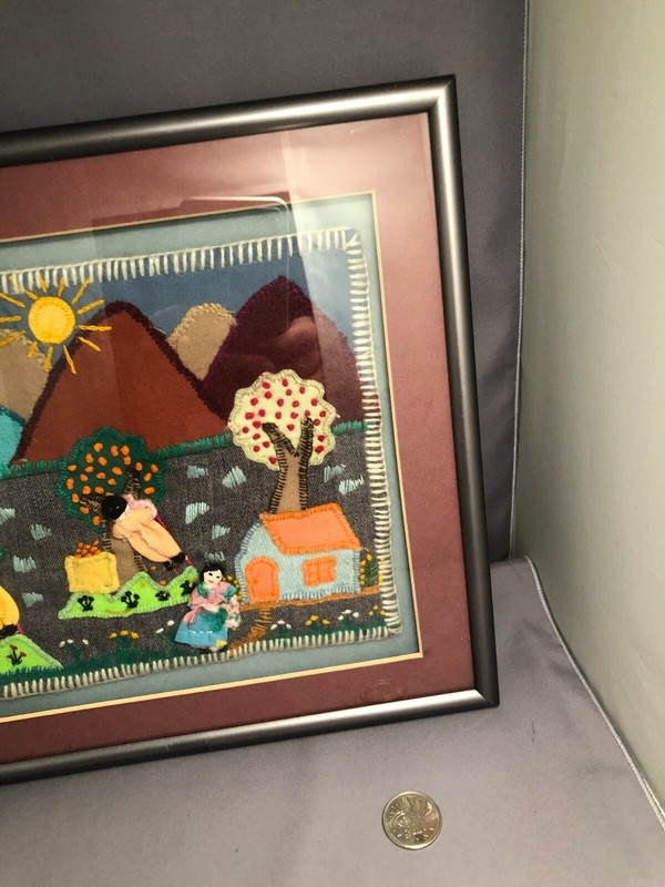 Framed vintage Embroidery & Appliqued Folk Art figural scene with house . gallery