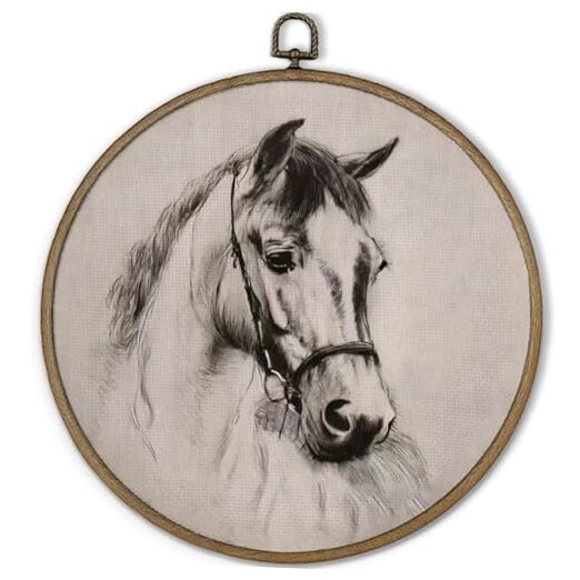 Vintage Horse Sketch Round Framed Wall Art Decor – Rustic Round Farmhouse