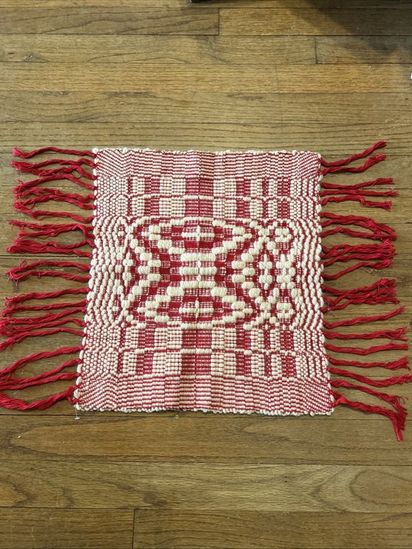 Overshot Weaving By Hand Red/Ivory Geo Wall Art Fringed Multi Use Textile EUC