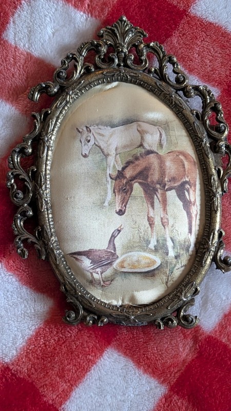 Vintage Italian Silk Horse Duck Picture Repair Stamped Ornate Metal Frame