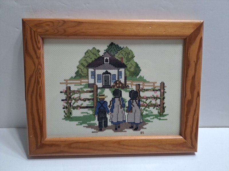 Framed Needlepoint Art Amish Kids Vintage