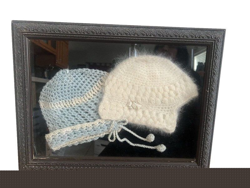 Vintage Antique Custom Framed Crocheted Baby Bonnets Shadow Box Rare Collectible