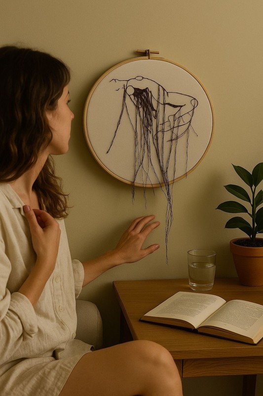 Handmade Embroidery Wall Art – Limited Edition Textile Nude Woman, Minimalist Th gallery