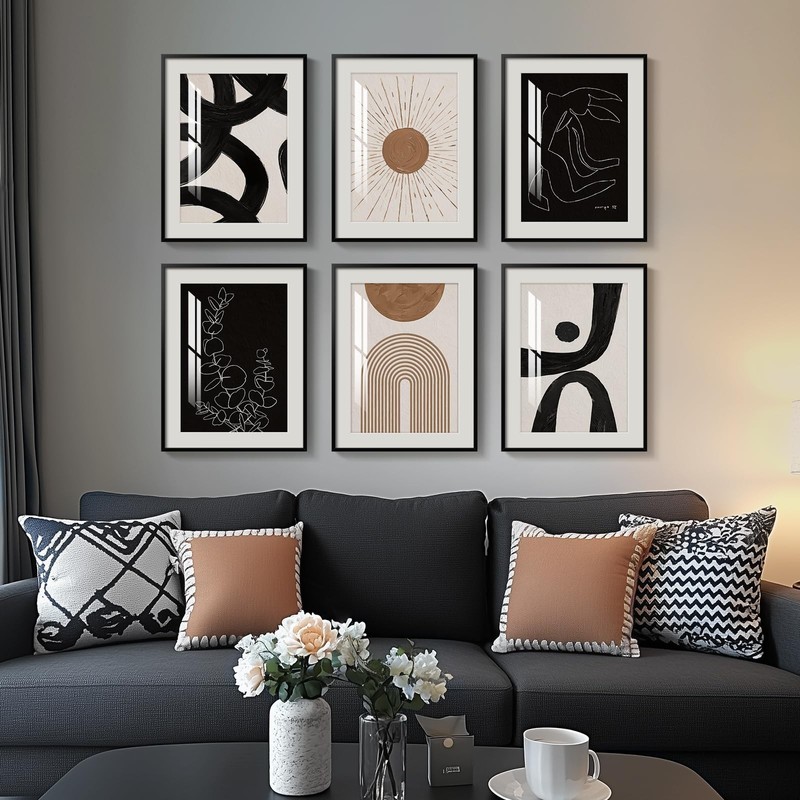 Framed Boho Black and White Brown Modern Abstract Wall Art for Living Room, S...