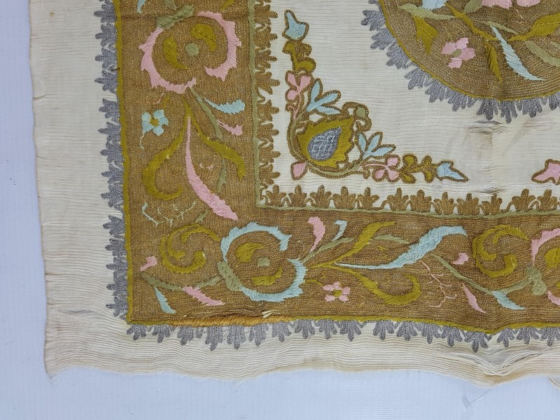 Vintage Embroidered Panel with Central Floral Medallion 60x49cm gallery