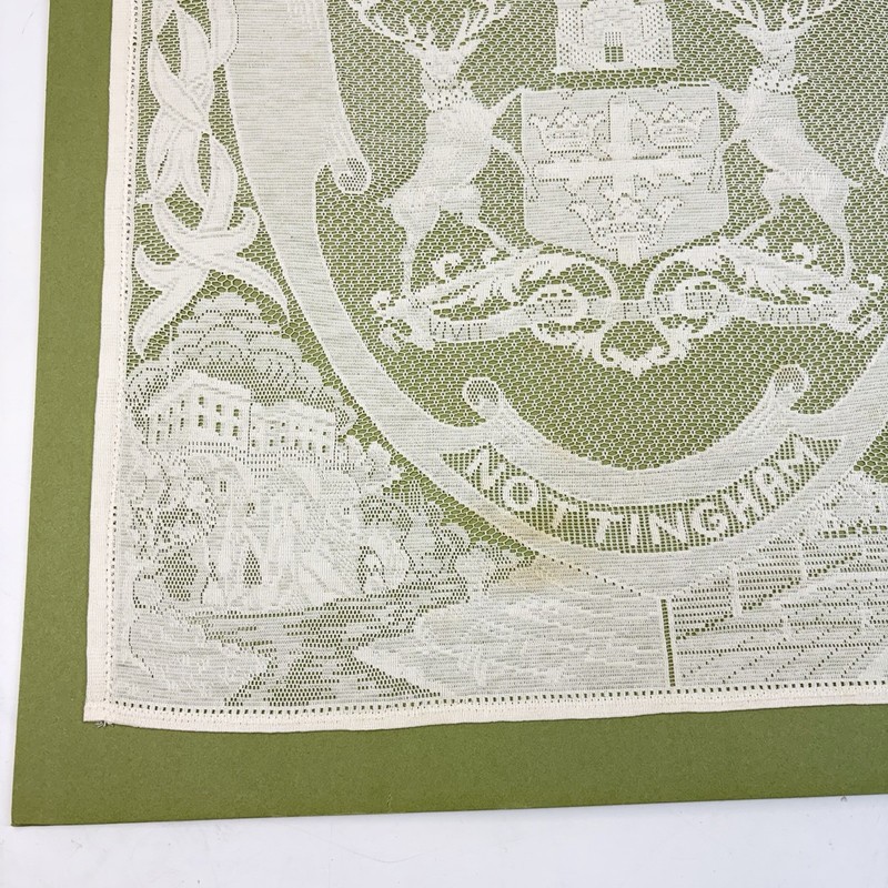 VTG Nottingham Lace Panel Stiebel Coat Of Arms Robin Hood Sherwood Forest 15x15” gallery