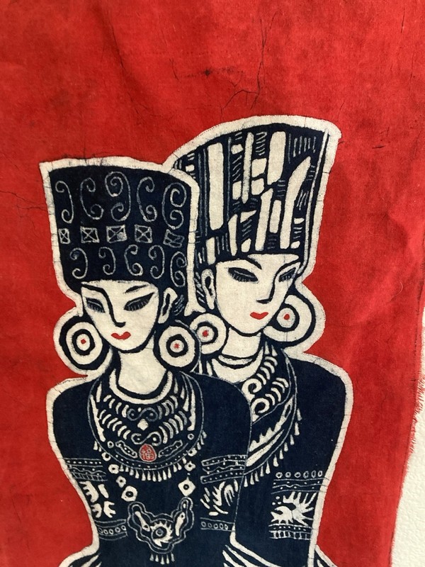 Batik Red and Blue Artistic Wall Hanging a couple birds ethnic bright gallery