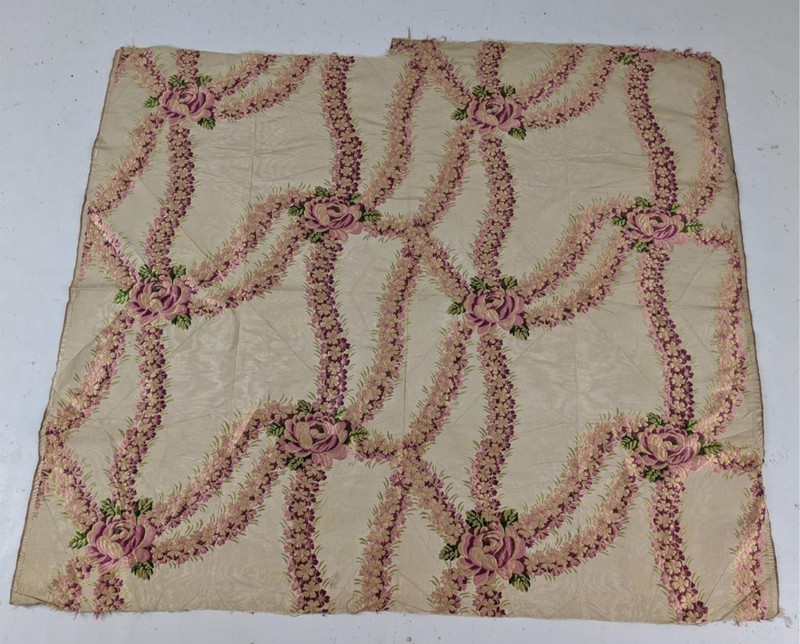 Vintage European Silk Brocade Floral Garlands Textile Panel 127x112cm