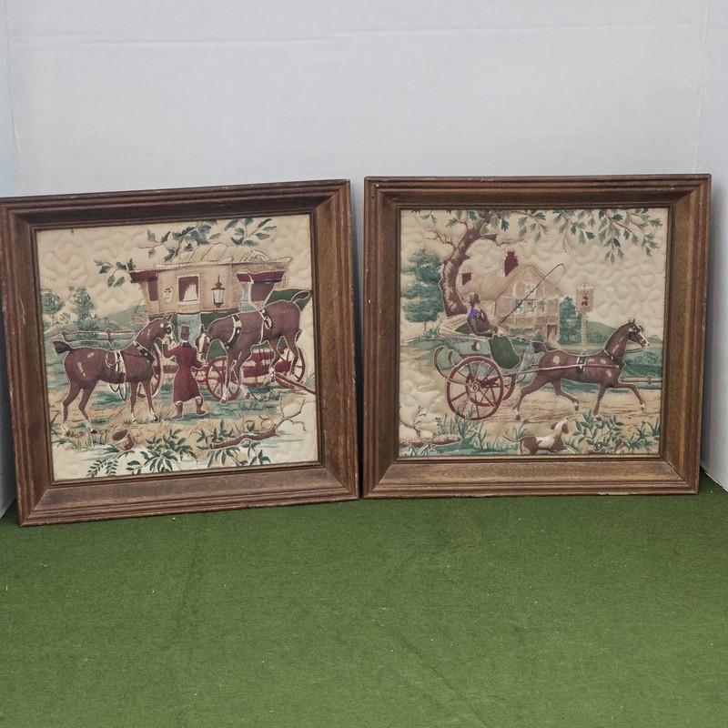 Vintage 1970 Embossed (Quilted) Fabric Equestrian Hunting Horse Framed Wall Art.