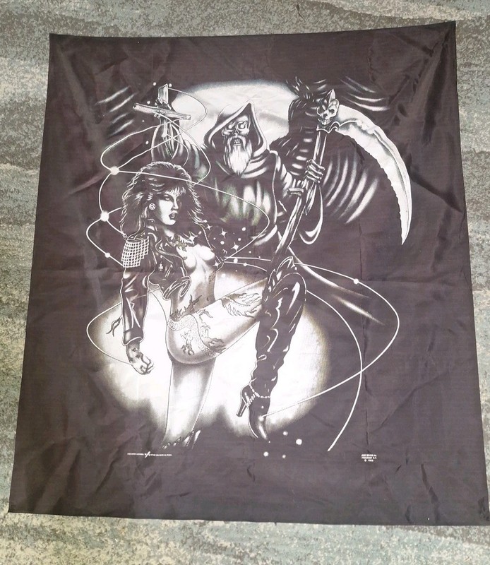 1989 Tapestry, Just Brass Pinup Naked Girl Grimm Reaper, Vintage 45x39 1/2 In.