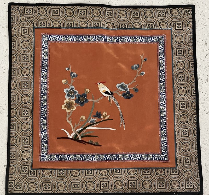 Vintage Chinese Asian Oriental Embroidered Silk Panel Hand Made Bird Flowers 13″