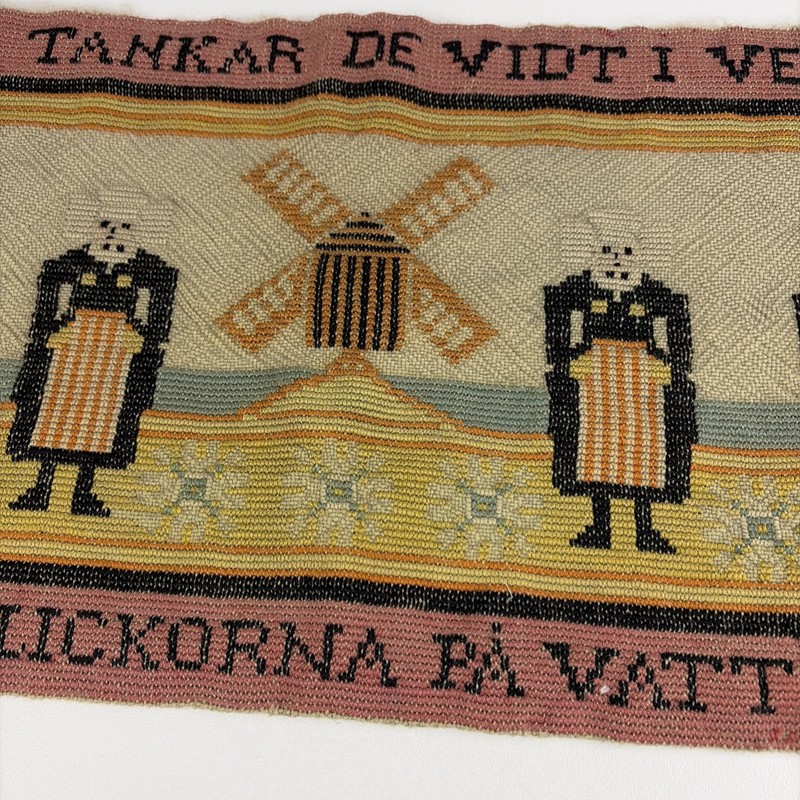 Vintage Swedish Folk Art Windmill Wool Embroidered Tapestry Textile 32" x 11.5" gallery