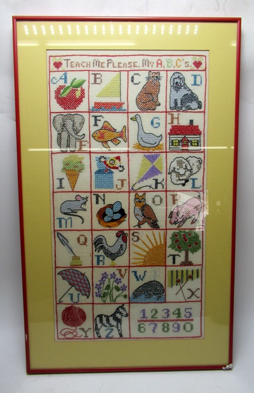VTG Framed Teach Me Please My ABC’S Crewel Embroidery Art 28″ X 17″