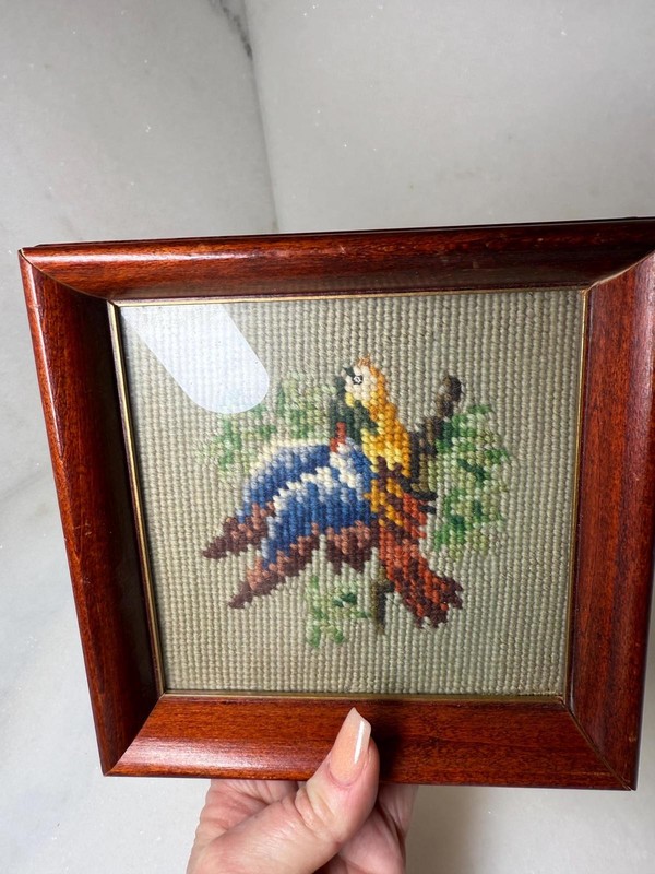 Vintage needlepoint cross stitch bird embroidery framed under glass gallery