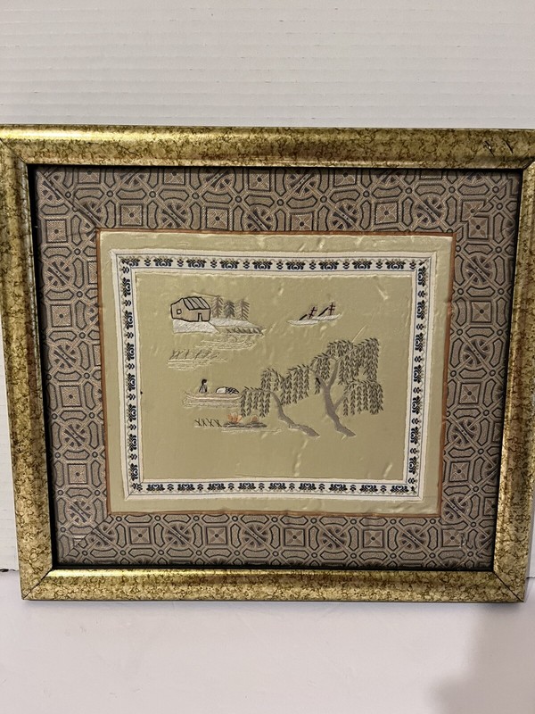 Vtg Asian Hand Embroidered Silk Framed Wall Art Decor