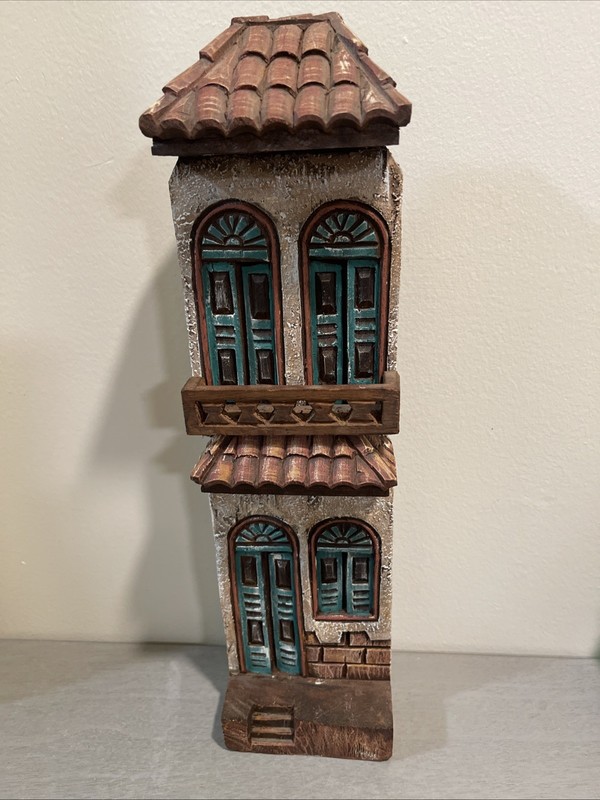 Antique wood carving board of Street building in City Green Door Windows 15”H