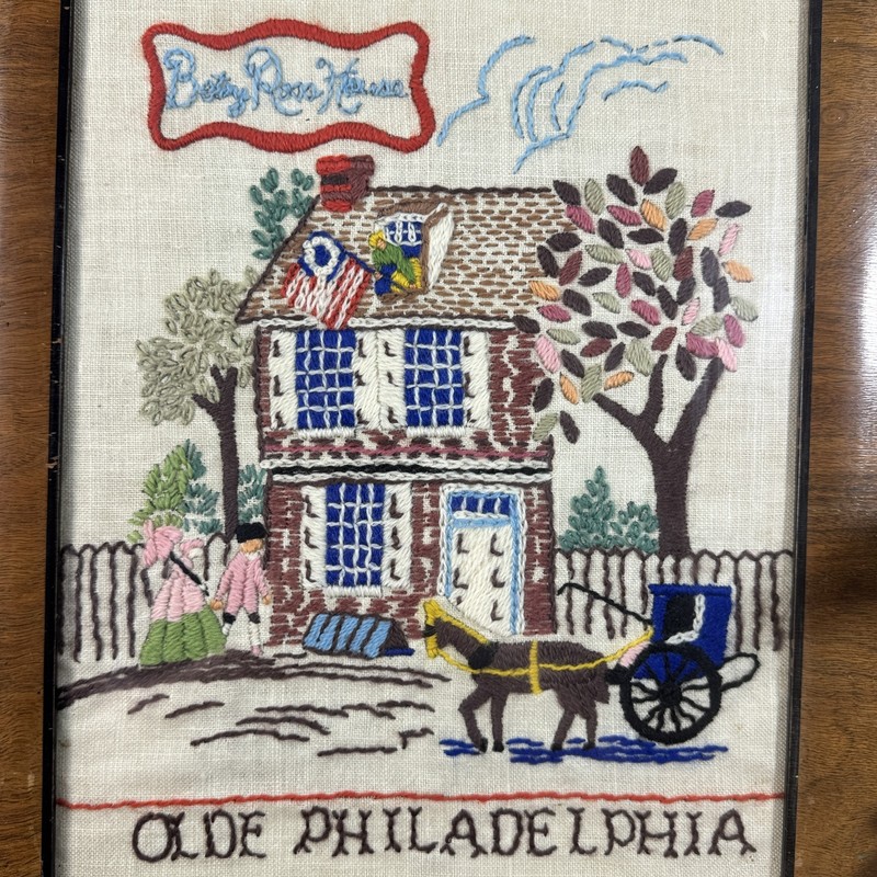 Vintage Betty Ross House Olde Philadelphia Framed Embroidery Folk Art Textile gallery