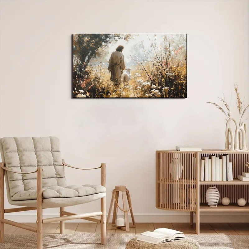 1Pcs Vintage Framed Jesus Lamb Paintings Canvas Wall Art Shepherd Flock Paint... gallery
