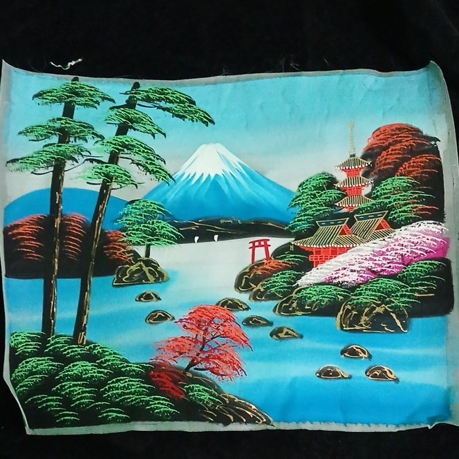 Japanese Hand-Painted Fabric Tapestry Set Signed Mt. Fuji Pagoda Bridge