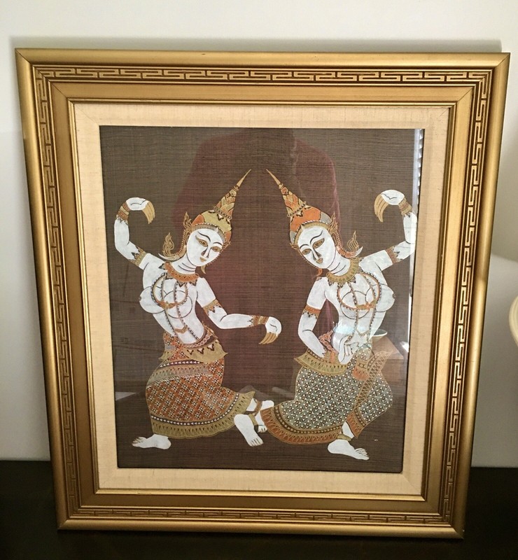 Antique Temple Kinnara Thai Dancing Couple On SILK Print 23x26” Framed & Matted gallery