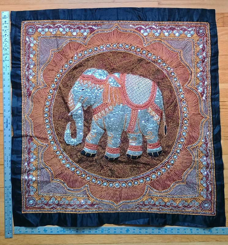 Handmade Burmese Kalaga Tapestry One-Of-A-Kind New Sequined Embroidered Elephant gallery