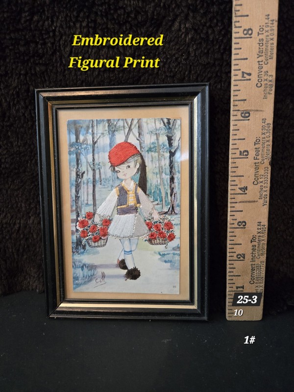 Vtg Silk Embroidered Print Picture.Child In Greek Costume. Framed.Signed By Goff