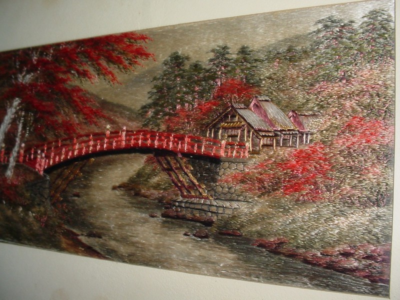 VINTAGE FRAMED JAPANESE SILK EMBROIDERED PICTURE BRIDGE RIVER AND LODGE gallery