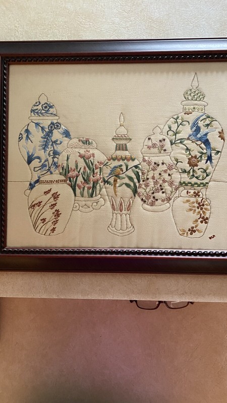 vintage/antique needlepoint picture. Birds, ginger jars, Flowers. Beautiful