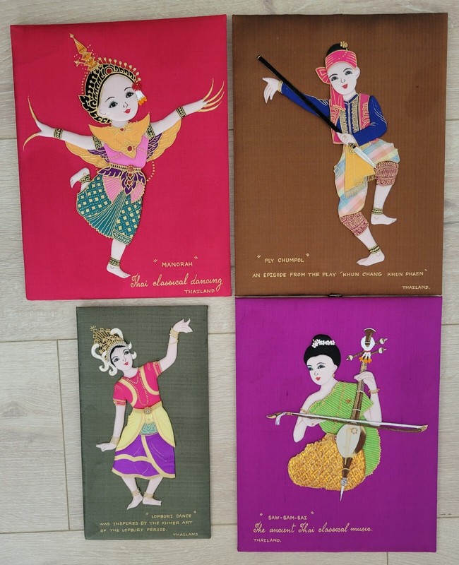 Set of 4 SILK Wall Art Puffy Applique THAILAND MUSICIANS & DANCERS