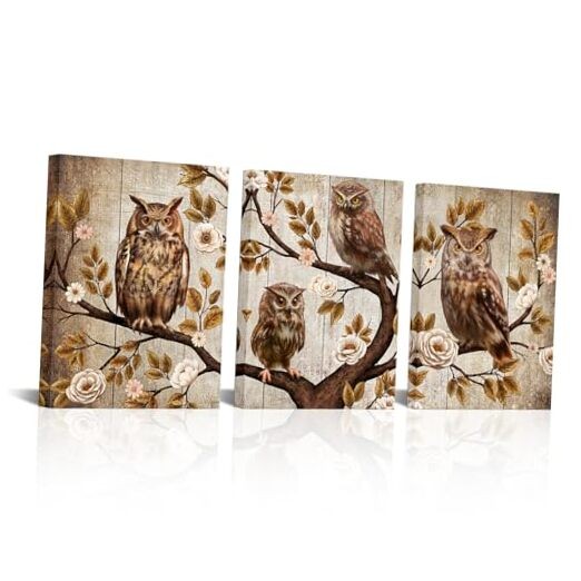 3 Panels Owl Family Canvas Wall Art Brown Vintage Birds on Branch with