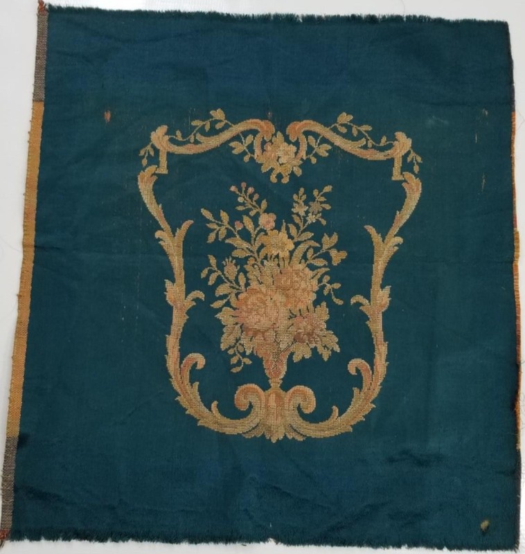Vintage Teal Silk Panel with Multi-Colored Floral Threadwork 54x49cm
