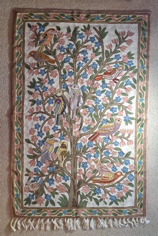 Vintage Kashmir Chain Stitch Tree Of Life Wool Crewel 48" x 30" Rug Wall Hanging gallery