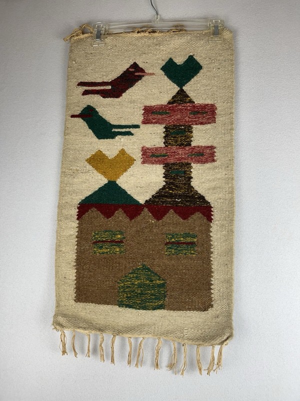 VTG Fiber Art Native Wall Hanging Rough Woven Jute 26" x 15" House & Birds gallery