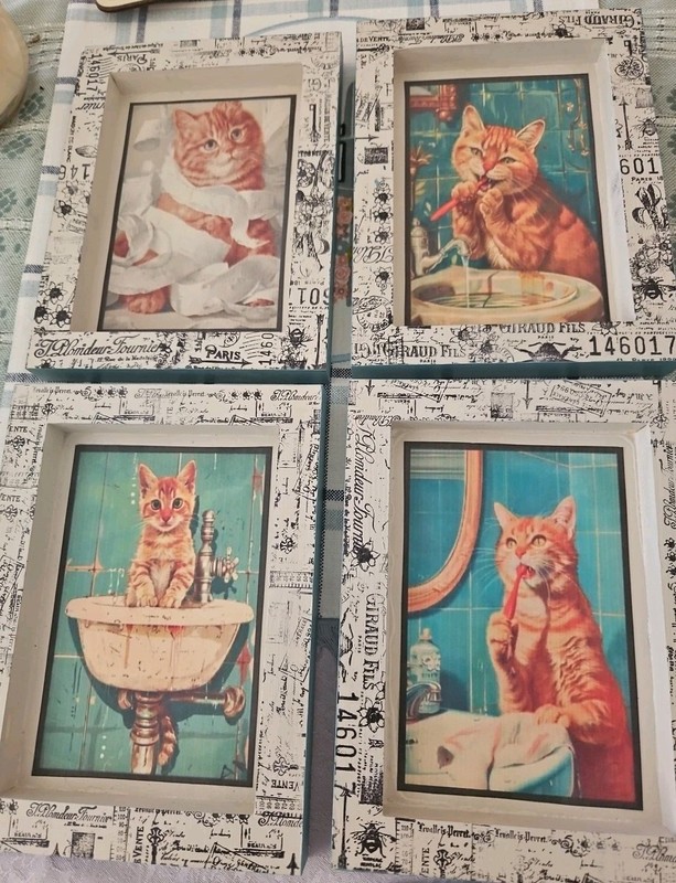 Set Of 4 Homemade Shabby Chic Kitten/Cats Decoupage Wood Framed Wall Art 8″X 6″
