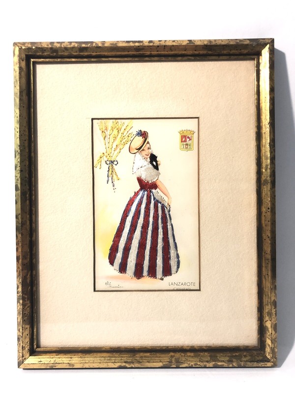 Vintage 1940’s-50’s Framed Embroidered Post Card -9.5×7.5 Flamenco Dancer Woman
