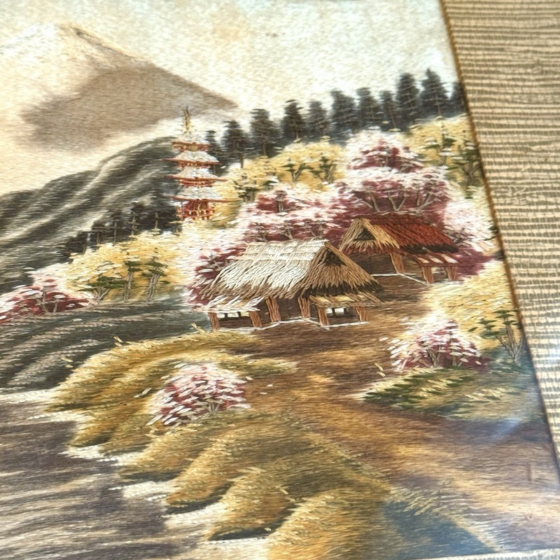 Vtg Set of 2 Japanese Silk Embroidered Art House Village Nature Framed gallery