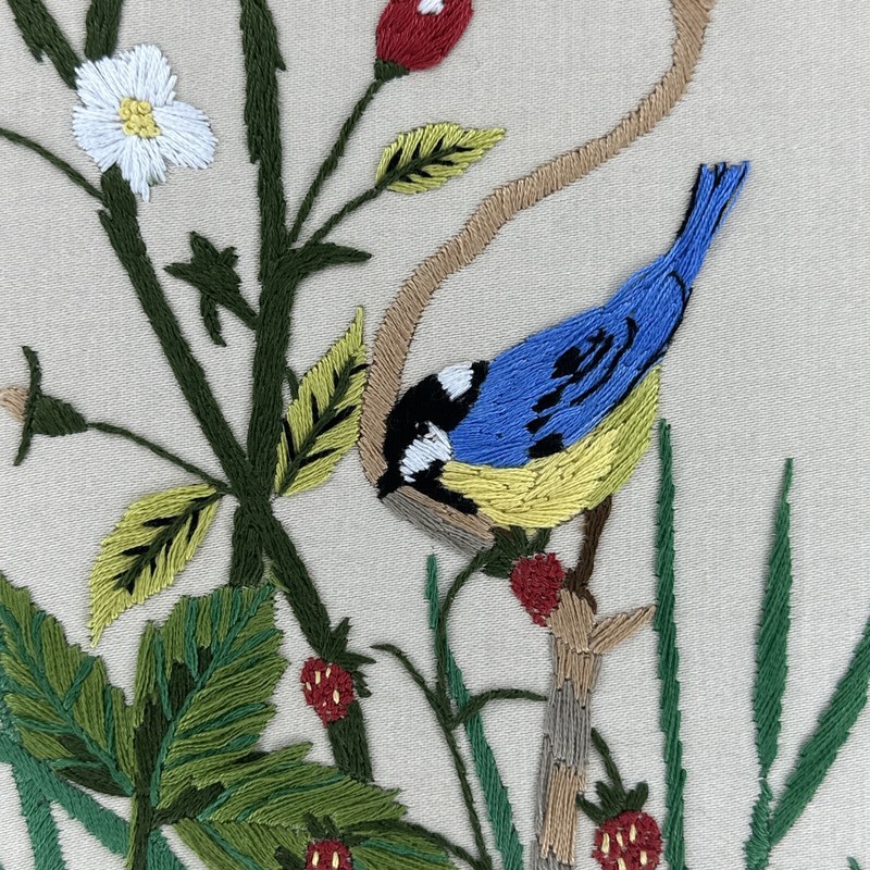Vintage Embroidery Blue Tit & Song Thrush Signed 1984 53cm X 33cm framed gallery