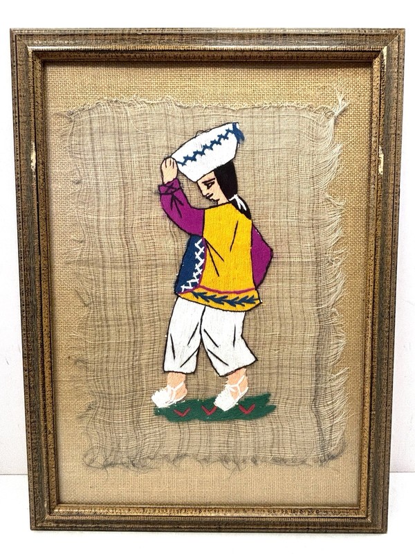 Vintage 1979 Ecuador Hand Woven Horsehair Backing Crewel Embroidery Wall Art x2 gallery