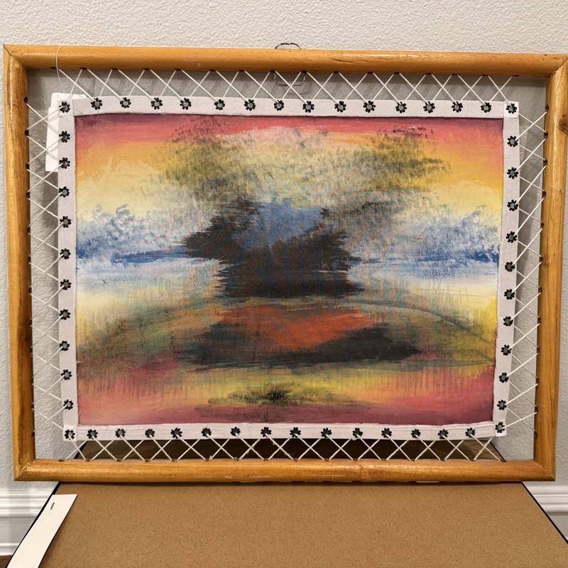 Framed Textile Wall Hanging Landscape Houses Lake Trees Flowers Wood 14x18" gallery
