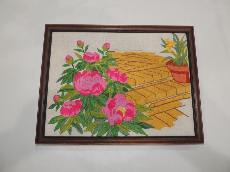 Vintage French? Embroidery Landscape Wall Art Flower Framed 17"X 13" gallery