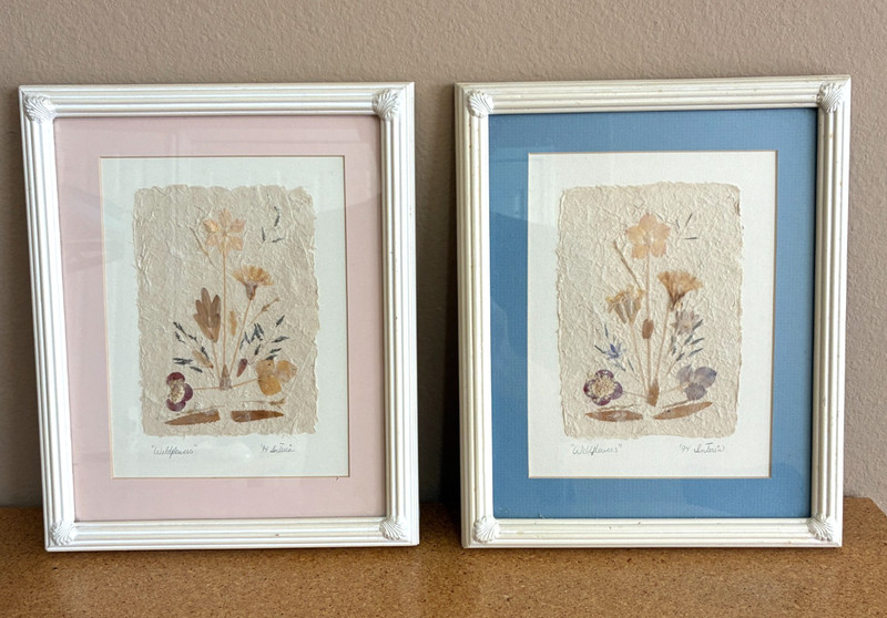 Set of 2 VTG 1994 Signed Matted Framed Pressed Flowers Leaves Art 11″x9″