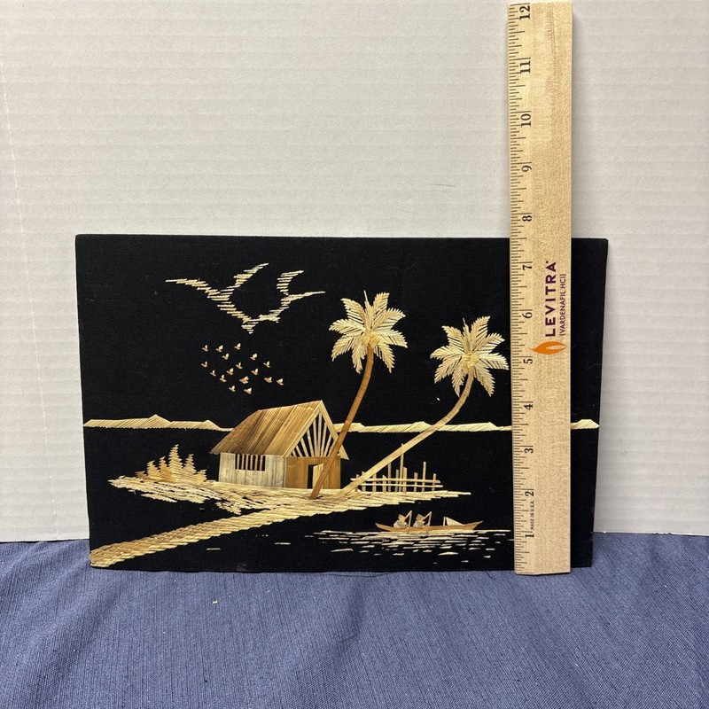 Hand-Crafted ASIAN SILK & STRAW BAMBOO FRAMED ART~ House by River 11x14 gallery