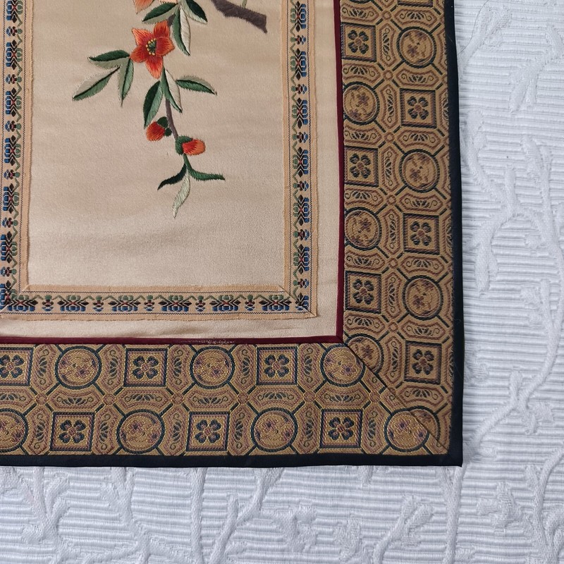 Oriental Silk Rayon Embroidered Tapestry Art Flower Bird 17.5" X 9" gallery