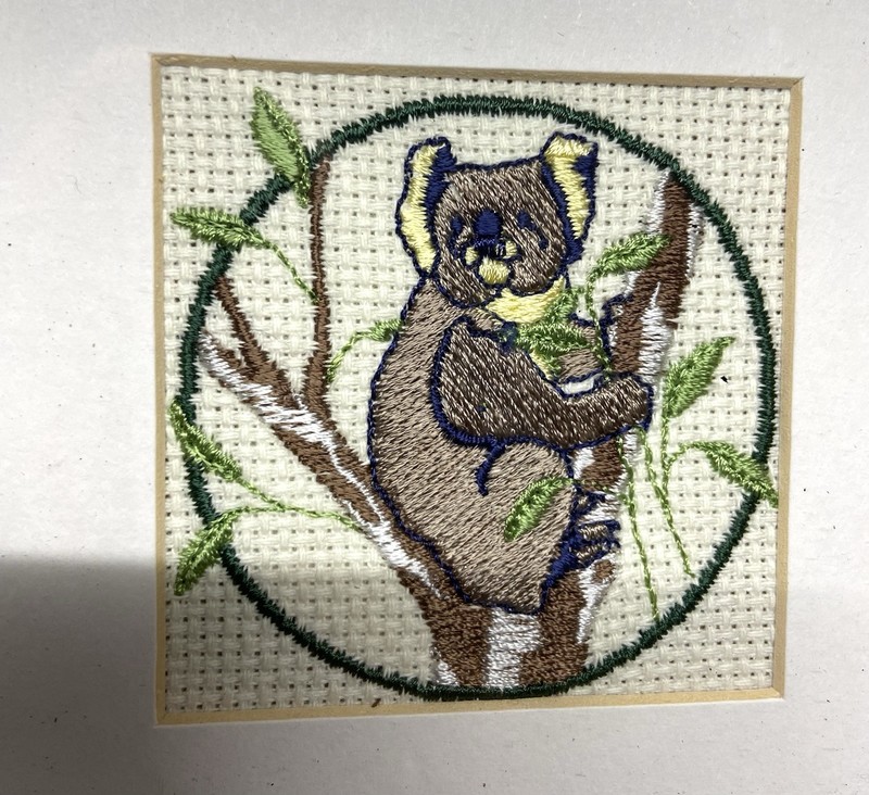Vintage embroidered picture of a Koala Bear in tree- framed gallery